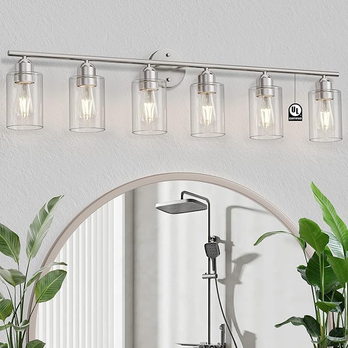 Espird Bathroom Vanity Light Fixtures Brushed Nickel, 6 Lights Bathroom Over Mirror, UL Certified, Modern Wall Lighting Fixtures with Glass Shade, E26 Socket
