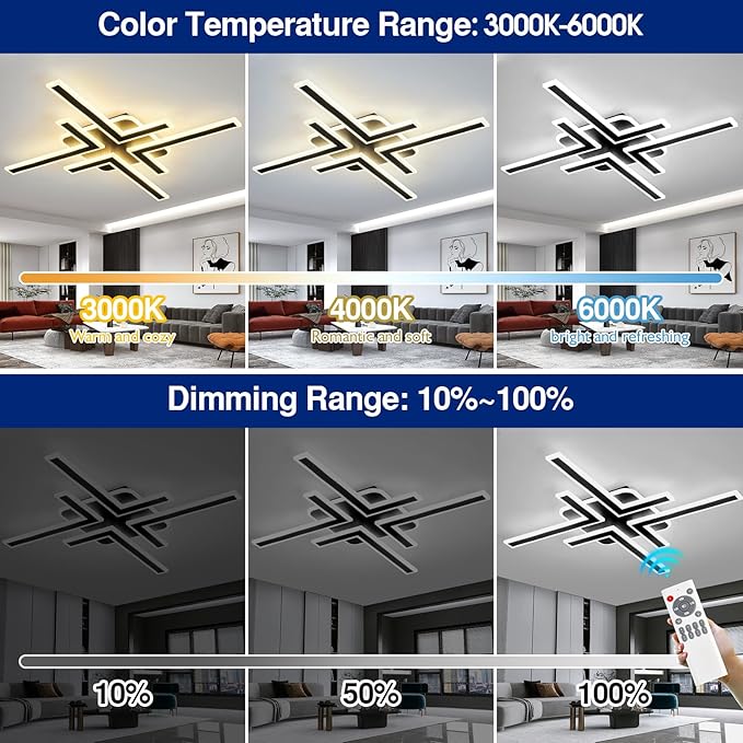 Modern Sputnik Flush Mount Ceiling Light Fixture 34.25Inches LED Dimmable Ceiling Light with Remote Control 3 Color 64W Black Chandelier for Kitchen Dining Room Living Room Bedroom.