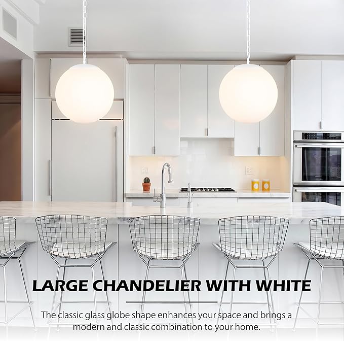 KoKo&Yukina 14 Inch Globe Pendant Light Adjustable White Globe Pendant Lights Kitchen Island Mid Century Light Fixture with Milky White Glass Shade for Living Room