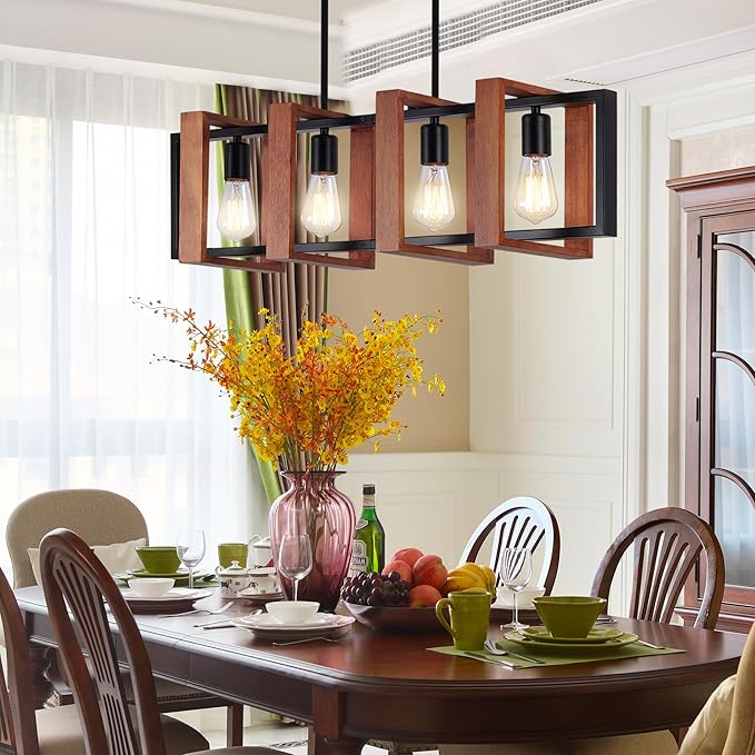32" Farmhouse Kitchen Island Lighting Adjustable Dining Room Light Fixtures, 4-Light Rustic Wood and Black Metal Rectangular Chandelier Modern Pendant Lighting for Kitchen Island, Cafe
