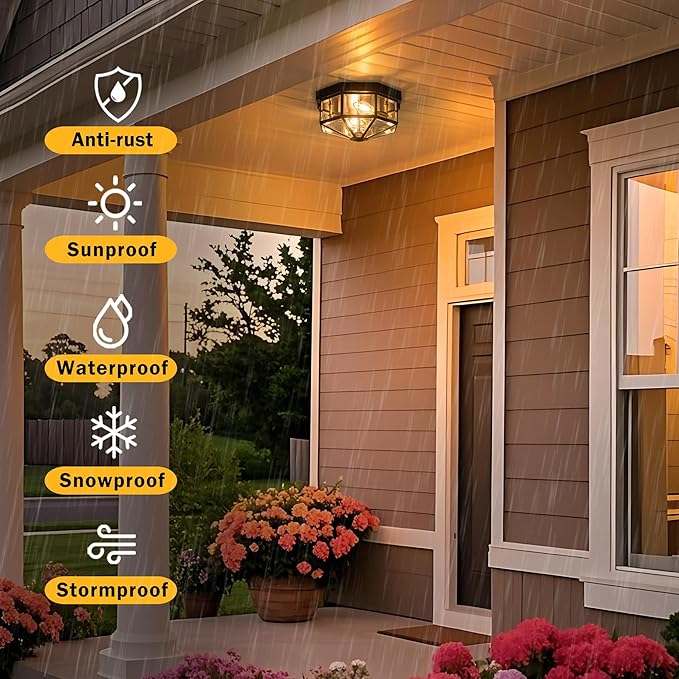 Outdoor Ceiling Light with Motion Sensor, 2-Light Copper Flush Mount Porch Light, Octagonal Outdoor Flush Mount Ceiling Light, Black Exterior Lighting Fixtures for Porch Patio Entryway