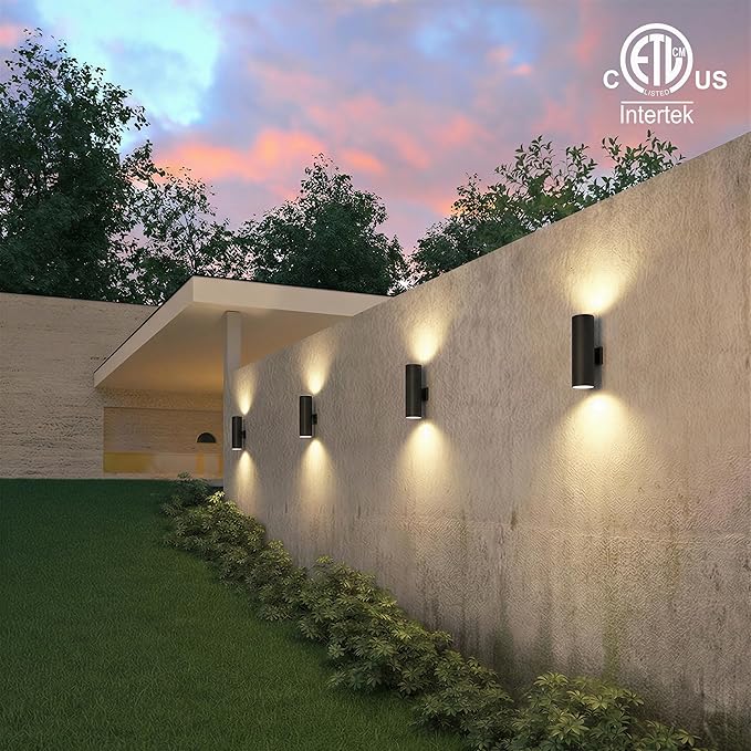 mirrea 18" Modern Outdoor Porch Light Patio Light in 2 Lights with Aluminum Cylinder and Tempered Glass Cover Waterproof Wall Sconce 4 Pack (Matte Black)