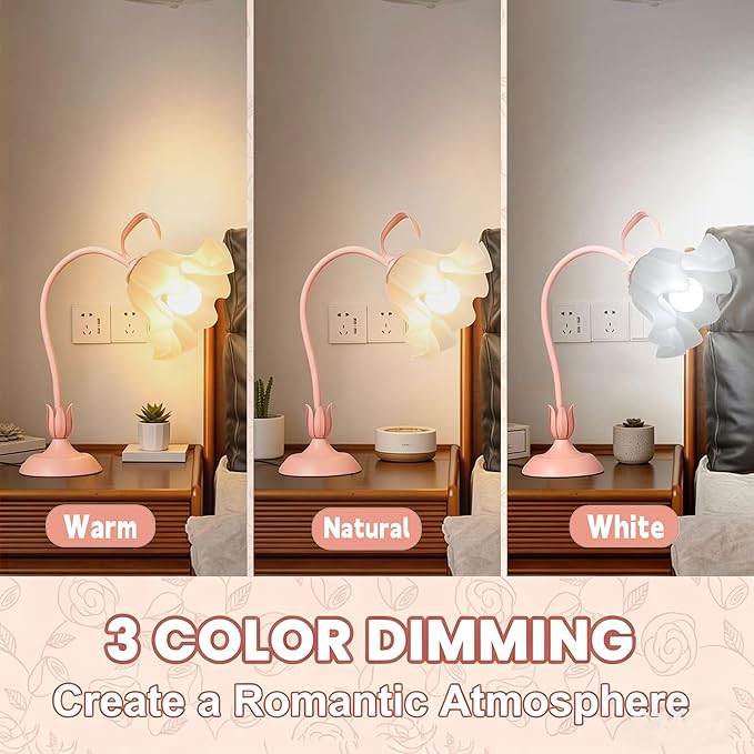Flower Desk Lamp, LED Reading Light Flower Table Lamp, 3 Colors Flower Lamp for Girls Bedroom, Adjustable Flexible Nightstand Lamps, Bedside Table Lamp for Bedroom, Living Room, Home Decor (Pink)