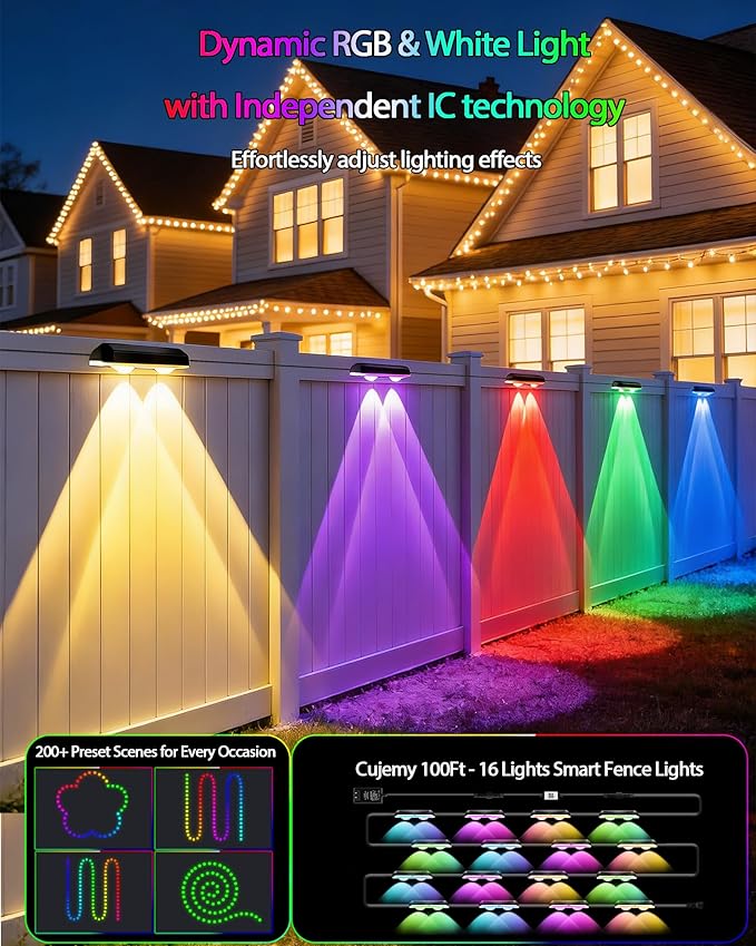Outdoor Deck Lights 16 Pack, 100ft Smart RGB Outdoor Lights, APP, Remote Control, Waterproof LED String Light with Timer for Wall Fence Step Yard Stairs Pool Halloween Christmas Decor