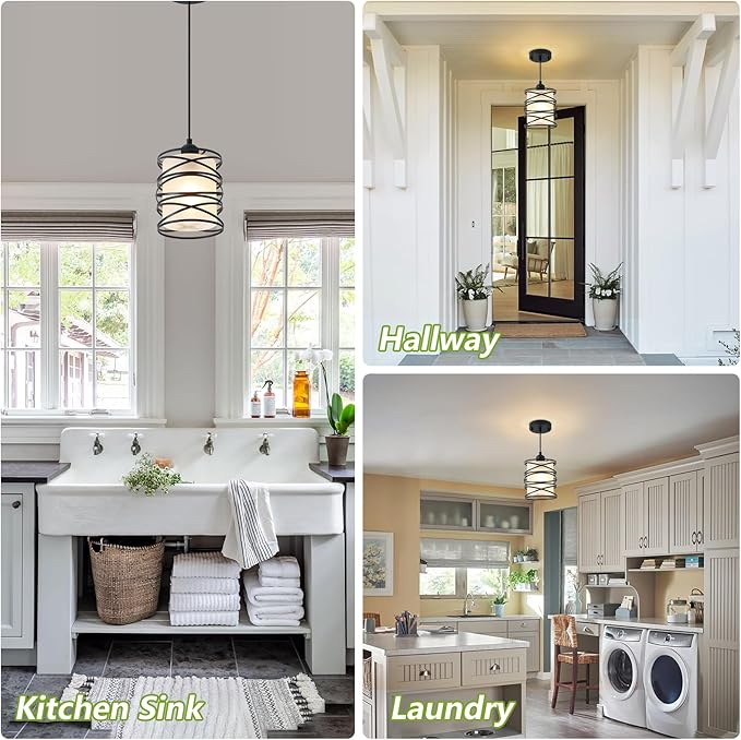 3 Pack Frosted Glass Pendant Light Fixtures 6.3Inch Spiral Metal Cage Mini Pendant Lighting Handblown Kitchen Island Hanging Light Adjustable Cord Pendant Lamp for Dining Room Foyer Hallway, E26