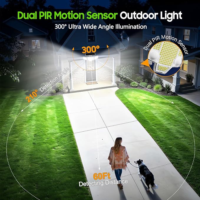 2026 White Motion Sensor Solar Lights Outdoor, 4000LM Solar Flood Lights with Dual PIR & Curved 300° Wide Beam, Larger 3500mAh Adjustable Solar Security Spot Lights Waterproof for Yard-4Pack