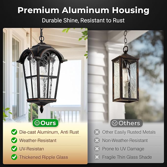 VIANIS 18.7" Large Outdoor Pendant Light, Vintage ORB Outside Chandelier with Ripple Glass, Anti-Rust Pendant Lights for Porch, Doorway, Entryway, Adjustable Length Hanging Lighting, Hardwired