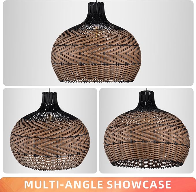 Arturesthome 1 Light Rattan Pendant Light Fixtures for Kitchen Island, 23.6" Wicker Chandelier, Handwoven Hanging Ceiling Lighting Lampshade for Dining Room Hallway Black