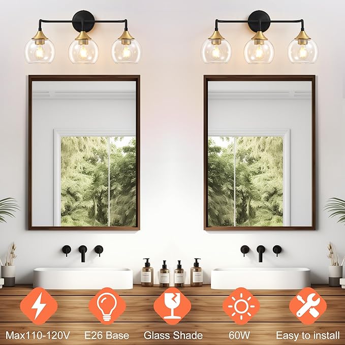 Bathroom Light Fixtures 3 Light Bathroom Vanity Light with Clear Glass Shade, 22 inch Vanity Lighting Fixtures Over Mirror, Black and Gold Vanity Lights Fixture (Exclude E26 Bulb)