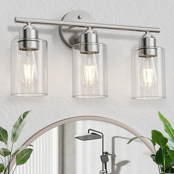 Espird Bathroom Vanity Light Fixtures Brushed Nickel, 3 Lights Bathroom Over Mirror, UL Certified, Modern Wall Lighting Fixtures with Glass Shade, E26 Socket