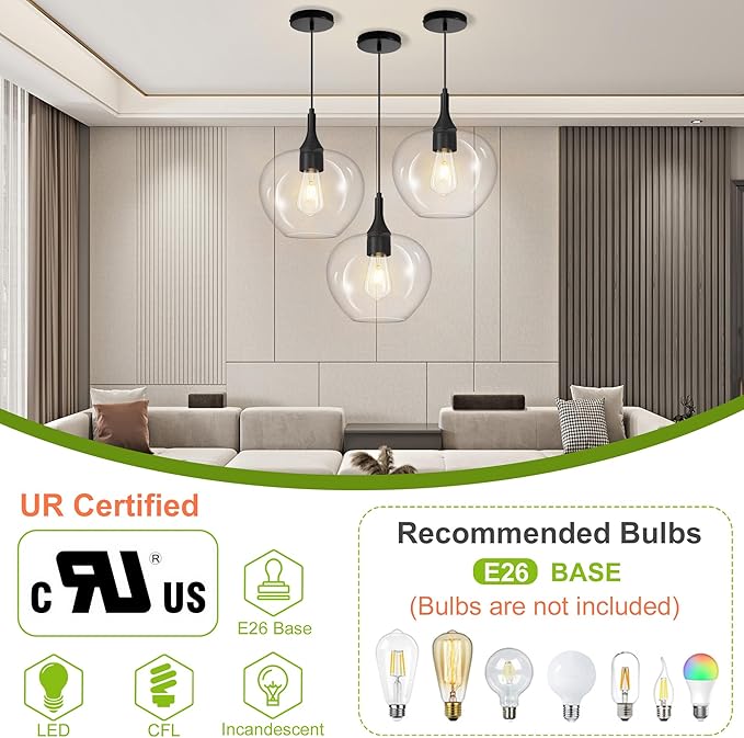 Glass Pendant Lights Kitchen Island, 9.45'' Matte Black Pendant Lighting Fixtures, Modern Hanging Ceiling Light with Clear Glass Shade for Farmhouse Dining Room Bedroom Hallway(1 Pack)