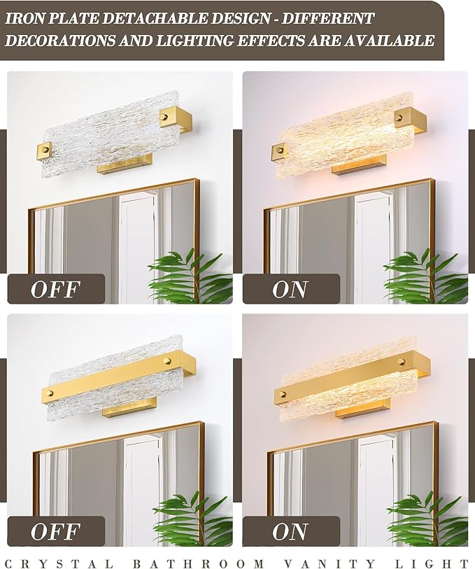 Brushe Gold Bathroom Vanity Light, 16.5 Inch 10W Dimmable LED Bathroom Light Fixture Over Mirror, Modern Crystal Bar Bath Wall Sconce for Bath, 3CCT, OS-MM5001-2BG