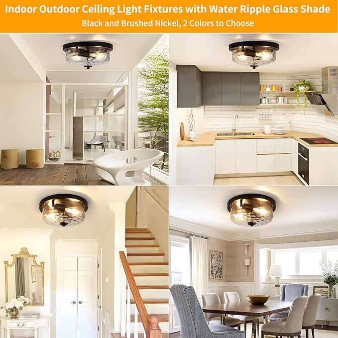 Black Flush Mount Ceiling Light, Farmhouse Hallway Light Fixtures with Water Ripple Glass Shade 2-Light Outdoor Flush Mount Lights for Porch Ceiling, Kitchen, Foyer, Entryway, Dining Room