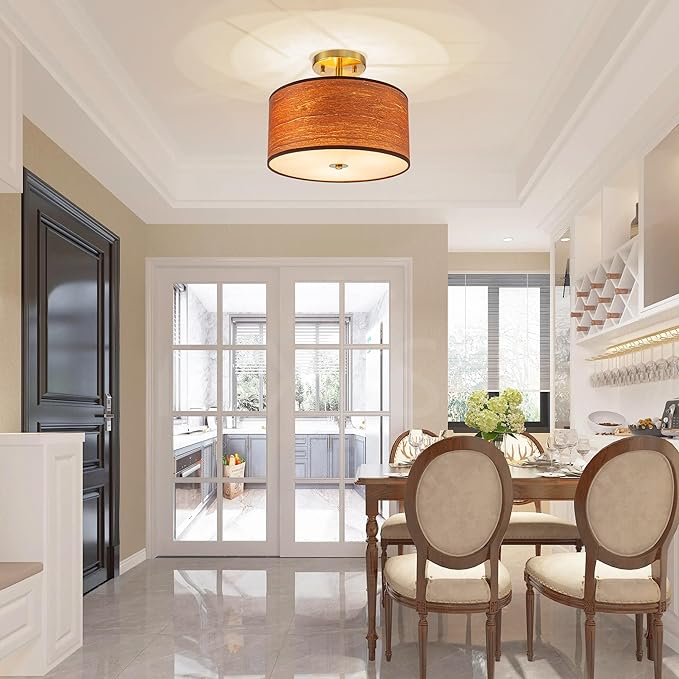 3-Light Solid Wood Drum Ceiling Lights, Farmhouse Style Semi-Flushmount Light Fixture for Dining Room, Living Room, Bedroom, D12 * H10 inch, Solid Wood Lampshade & Gold Finish
