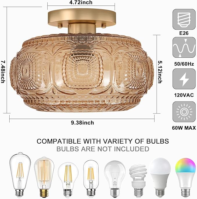 Semi Flush Mount Ceiling Light, Amber Globe Glass Ceiling Light Fixture, Art Deco Kitchen Lighting fixtures Ceiling for Hallway Porch Corridor Bedroom, Bulb Not Included
