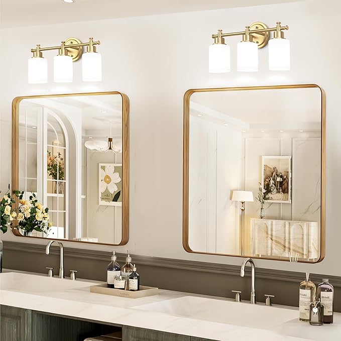 3-Light Gold Bathroom Vanity Light Fixtures, Brushed Gold Wall Sconce, Champagne Gold Vanity Light with Milky White Glass Shade Over Mirror, Bathroom, Bedroom, Modern Style, E26 Base