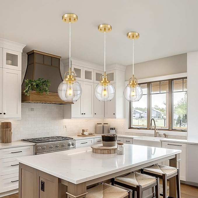 2 Pack Pendant Lights Kitchen Island, 7" Brushed Gold Pendant Light Fixtures Over Island with Globe Clear Glass Shade, Brass Hanging Lights for Dining Room Entryway, PL125-BG-2PK
