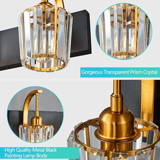 Modern Bathroom Vanity Light, 4-Light Black Gold Wall Sconce with Crystal Accents, Over Mirror Bathroom Lighting Fixture, 32.67" Long Dimmable Vanity Lamp for Makeup, Easy Installation