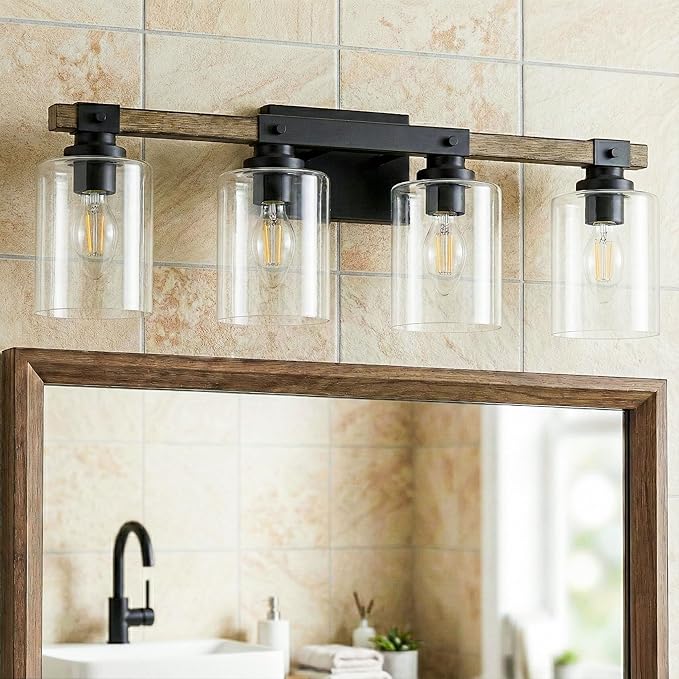 Farmhouse Vanity Light, Rustic Vintage Wall Sconce, Bathroom Wood Wall Light Over Mirror with Clear Glass Shade.(Pinewood, 4-Light)