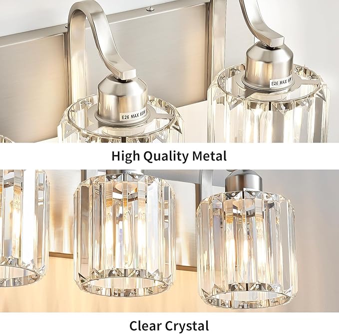 Modern Vanity Light 3-Lights Brushed Nickel Vanity Light Crystal Bathroom Wall Light Bathroom Light Fixtures with Round Shade (Exclude Bulb)