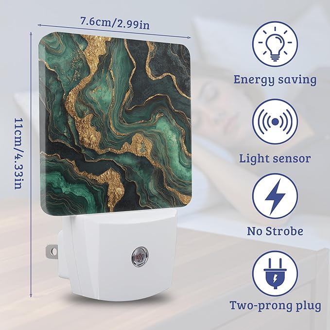 Green Black Marble Night Light, Plug-into Wall Nightlight with Dusk to Dawn Sensor, Energy Efficient Lamp for Bedroom/Bathroom/Kitchen/Hallway/Stairs