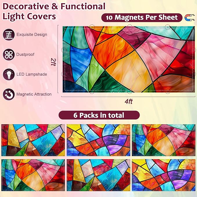 6 Pcs Fluorescent Light Covers with 60 Magnets Decorative for Classroom Ceiling Lights 4 x 2 Feet Magnetic Light Cover Filter Easy Install for Office Hospital Home Ceiling Supplies (Stained Glass)