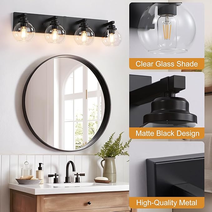 LmnLvn Bathroom Light Fixtures, 4-Light Matte Black Vanity Lights, Modern Bathroom Lighting Fixtures Over Mirror, Farmhouse Vanity Lights with Glass Shade for Living Room, Bedroom, Hallway