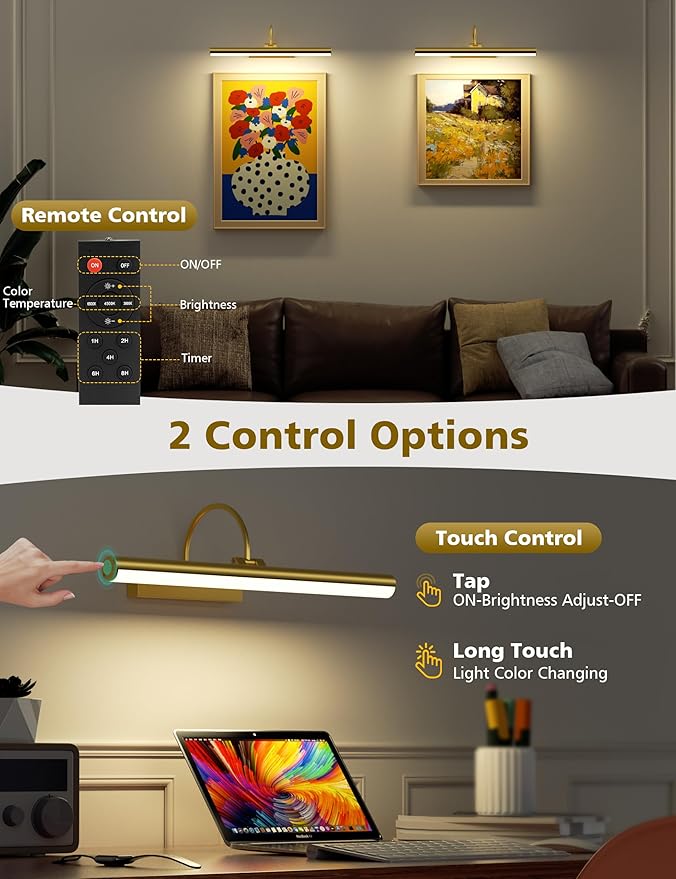 VOLISUN Picture Lights for Wall, 16 inch Rechargable Picture Light Battery Operated, 3 Color Temperatures Cordless Picture Light with Remote, Art Light for Paintings, Gallery, Portrait, 2 Pack (Gold)