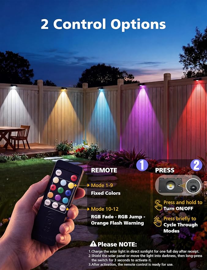 VOLISUN Solar Fence Lights with Remote Control, Fence Lights Solar Powered, IP65 Waterproof LED, RGB Color Changing Solar Light for Fence, Yard, Wall, Backyard (12 Pack,Black)