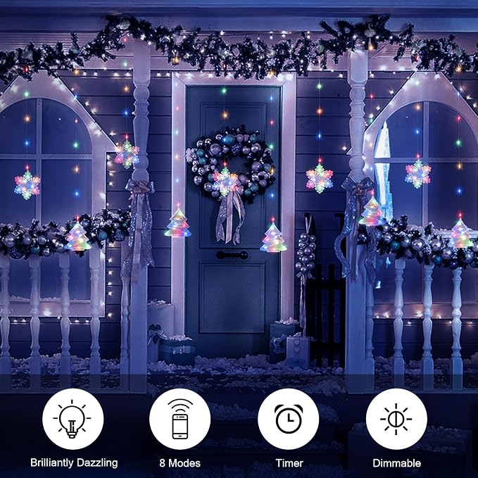 BLOOMWIN Christmas Window Lights Indoor - 2M 160 LED Christmas Window Decorations, Snowflake Curtain Hanging Fairy String Icicle Lights for Xmas Noel Bedroom Holiday Home Outdoor, RGB USB