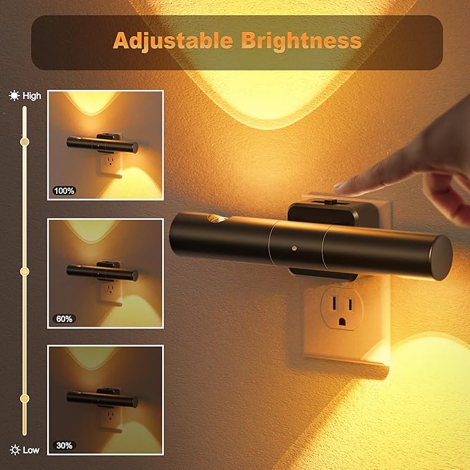 JandCase LED Amber Night Light, 180° Rotatable Night Lights Plug into Wall, 0-100LM Adjustable Brightness with Dusk-to-Dawn Sensor, Dimmable Night Lights for Bathroom Hallway Bedroom Stairway, 2 Pack
