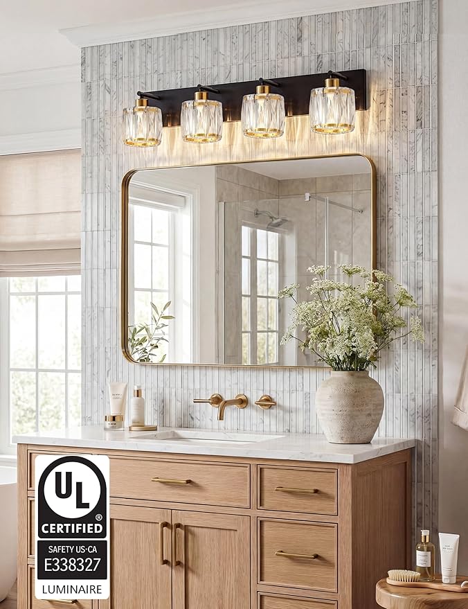 VOLISUN Crystal Vanity Lights for Bathrooms, 4 Light Bathroom Vanity Light, Black and Gold Bathroom Light Over Mirror, Modern Bathrooms Lights Fixtures-UL Certificated(Exclude Bulb)