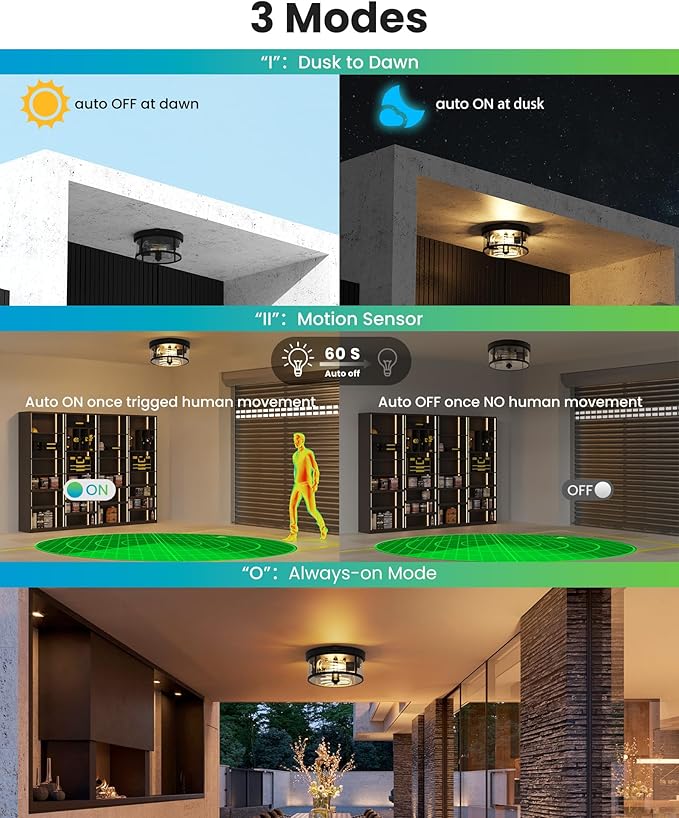 Outdoor Flush Mount Ceiling Light - 12.5in Motion Sensor Porch Light, 2-Light E26 Socket, Durable Iron & Clear Glass, Light Fixtures for Porch, Driveway, Covered Patio, Farmhouse