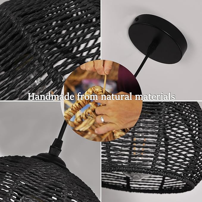 Ayshwill Dec Black Woven Boho Chandelier Wicker Rattan Dome Pendant Light Fixture for Dining Room Bedroom Kitchen Island (Bulb Included)