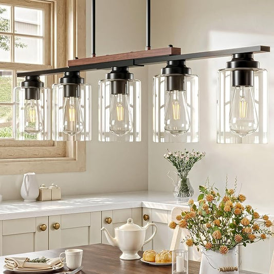 VONLUCE Dining Room Light Fixture Over Table, 5-Light Kitchen Island Lighting with Glass Shade and Adjustable Rods, Farmhouse Linear Chandelier Pendant Light for Kitchen Living Room, Matte Black