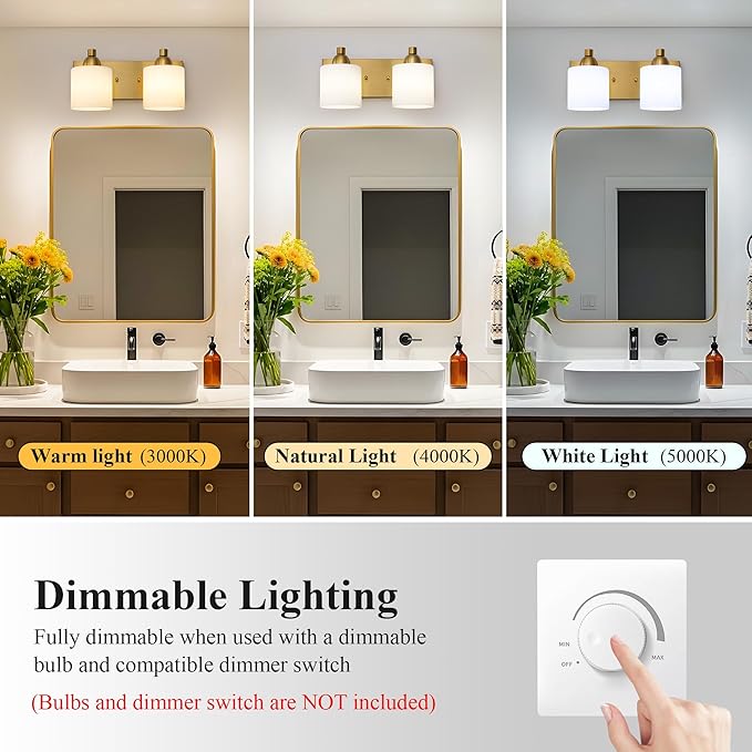 Mecgirn Stainless Steel Milk Glass Vanity Lights for Bathroom, 2 Light Gold Bathroom Light Fixtures Over Mirror, Ceramic E26 Sockets Wall Mounted