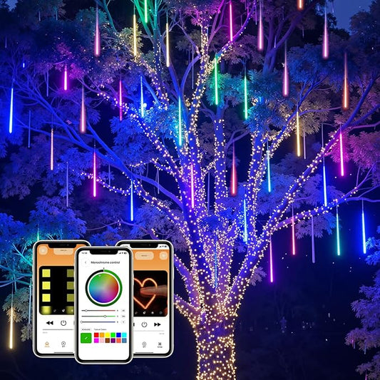 Smart Meteor Shower Rain Lights, 24Tube 384LED 37.7ft Color Changing Icicle Christmas Lights Outdoor Outside, APP Controlled RGB Customize Display DIY Dynamic Lighting Effect
