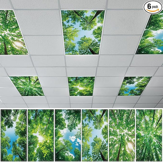 QOUBAI 6 Pcs Fluorescent Light Covers,4 x 2 Ft Magnetic Light Filters Spring Fluorescent Lights Shade Easy Install for Classroom Office Library Hospital Home Ceiling Forest