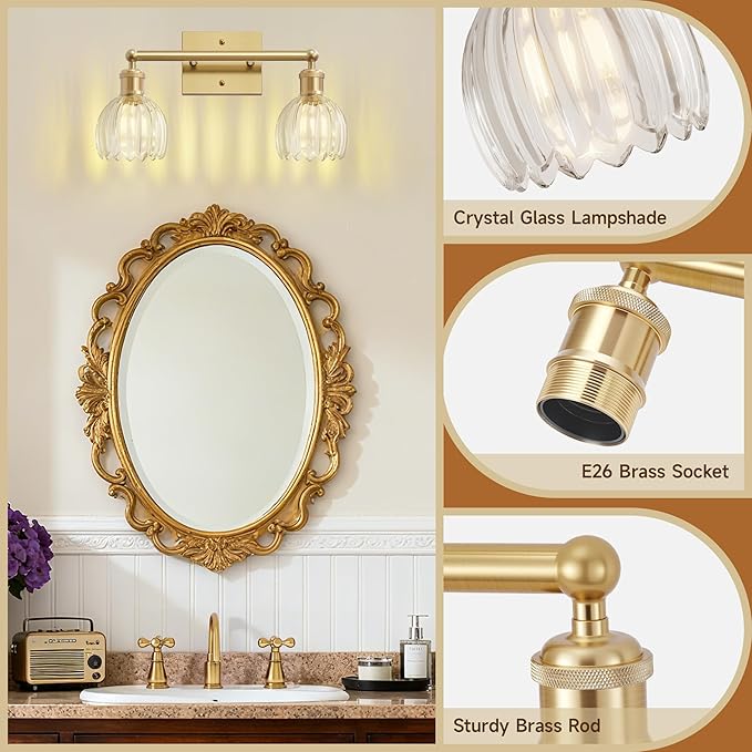 Vintage Bathroom Light Fixtures,2-Light Rustic Vanity Lights for Bathroom,Hallway,16.5 in Brass Vanity Lights,Tulip Light Fixtures for Mirror with Clear Tulip Glass Shade for Bedroom,E26 Base