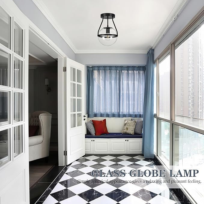 Bagood 8 Inch Mid Century Ceiling Light Modern Black Semi Flush Mount Ceiling Light with Clear Glass Shade Globe Semi Flush Mount Ceiling Light Fixture for Bedroom Hallway Bathroom Foyer (Bulb Incl.)