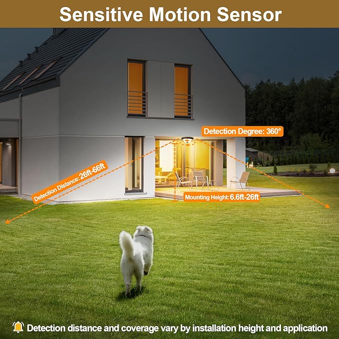 Motion Sensor Outdoor Ceiling Light with Remote, Dusk to Dawn Flush Mount Porch Light with 4 Modes, Close to Ceiling Light Fixture 2 LED Bulbs Included for Patio/Garage/Hallway