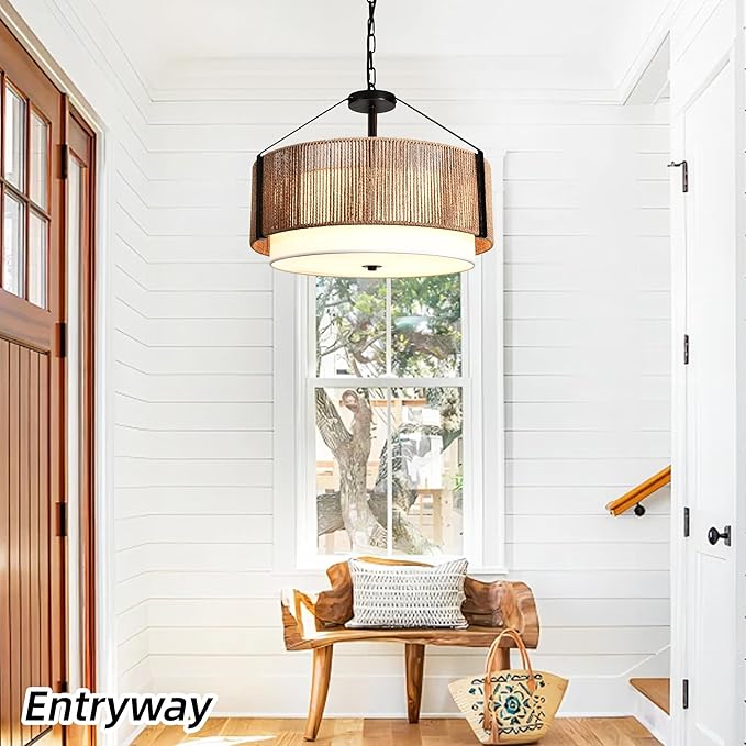 19.7" 4-Light Boho Pendant Light Fixture Rattan Chandelier, Hand Woven Farmhouse Chandelier for Dining Room Pendant Light for Kitchen Island, Bedroom, Dining & Living Room