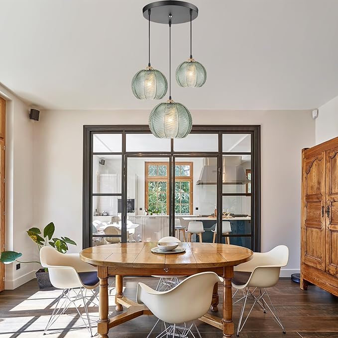 3-Light Cluster Chandelier, Mid Century Modern Dining Room Light Fixture Over Table, Kitchen Island Hanging Pendant Light Adjustable with Ribbed Glass Globe, Farmhouse Foyer Lighting