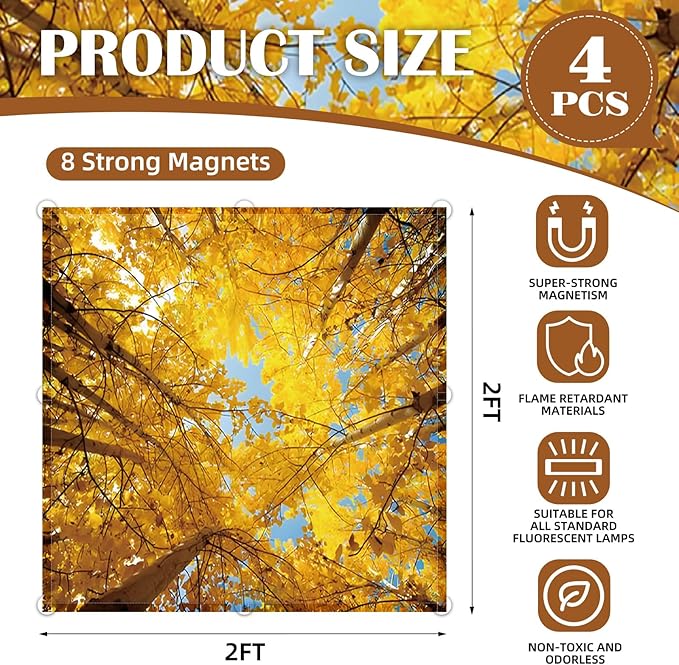 ANGSYLTH 2 x 2 Feet Fluorescent Light Covers - 4 Pcs Covers for Ceiling Lights, Magnetic Light Filters for Classroom, Office, Hospitals, Home (Autumn & Sunset)