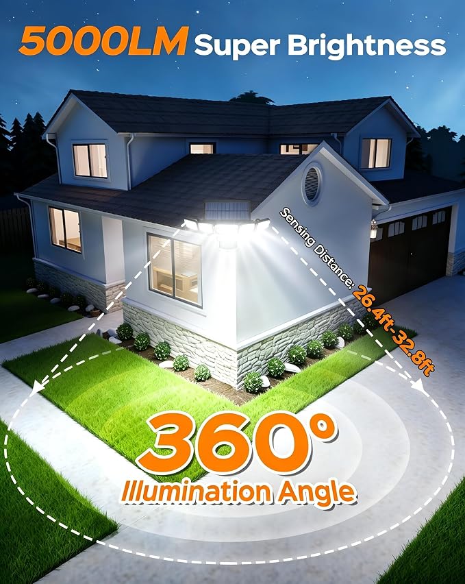 Solar Flood Lights Outdoor,5000LM 336 LEDs Dual Clip on Motion Sensor Lights with 360° Wide Angle &3 Modes, IP65 Waterproof Security Lights for Yard Patio Garage Garden,1Pack