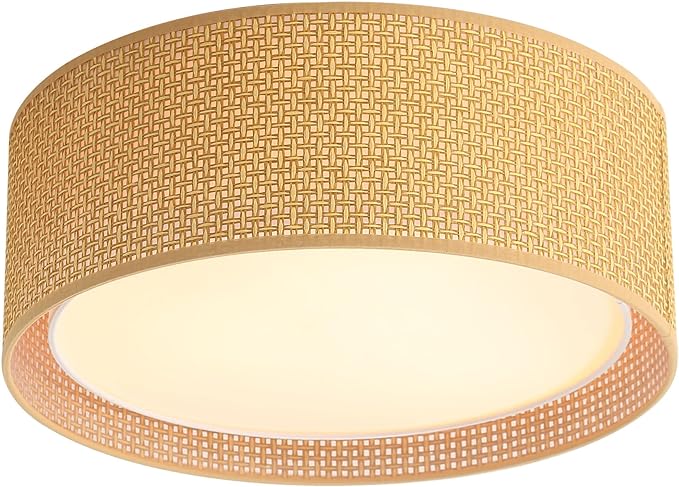 WINGBO 15.7" Modern 3-Light Flush Mount Ceiling Light Fixture with Fabric & Acrylic Double Drum Shade for Bedroom Living Room Dining Room Hallway Entryway, Brown