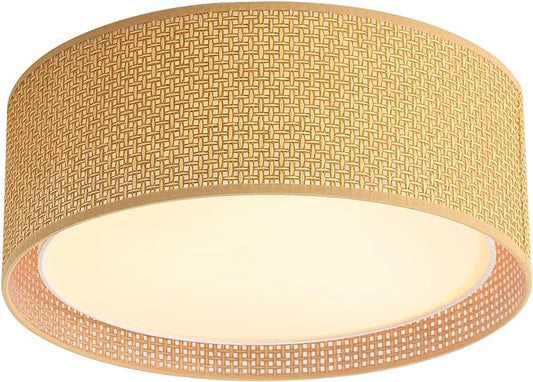 WINGBO 15.7" Modern 3-Light Flush Mount Ceiling Light Fixture with Fabric & Acrylic Double Drum Shade for Bedroom Living Room Dining Room Hallway Entryway, Brown