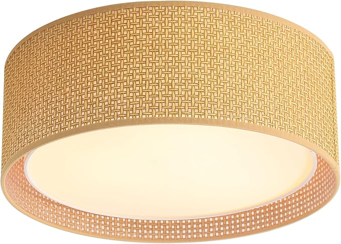WINGBO 20" Modern 5-Light Flush Mount Ceiling Light Fixture with Fabric & Acrylic Double Drum Shade for Bedroom Living Room Dining Room Hallway Entryway, Brown