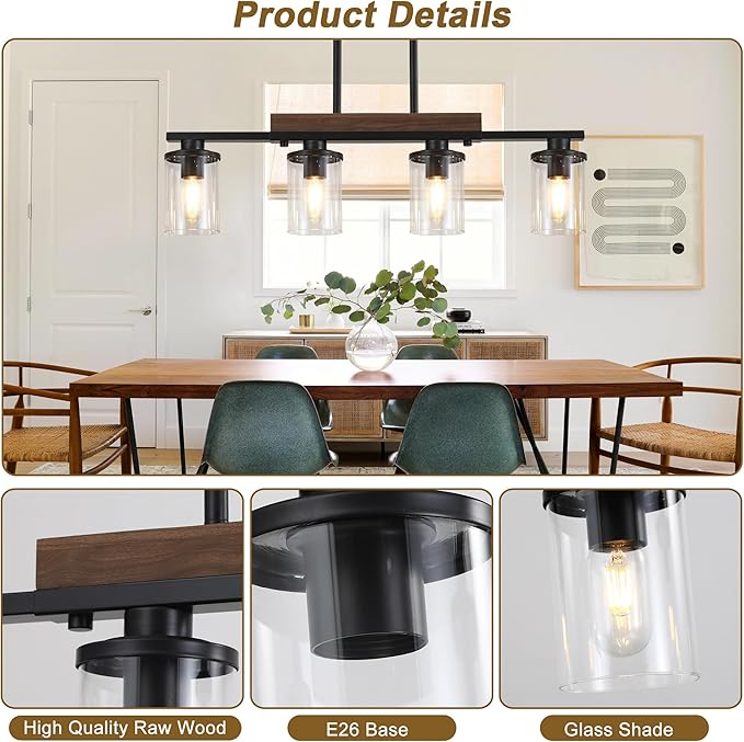 29.3'' Kitchen Island Light Fixtures, 4-Light Dining Room Light Fixture Chandelier Over Table, Black Modern Rustic Wood Ceiling Pendant Light Fixtures, with Clear Glass Shade, Farmhouse Chandelier