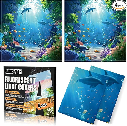 ANGSYLTH 2 x 2 Feet Fluorescent Light Covers - 4 Pcs Covers for Ceiling Lights, Magnetic Light Filters for Classroom, Office, Hospitals, Home (Underwater World)
